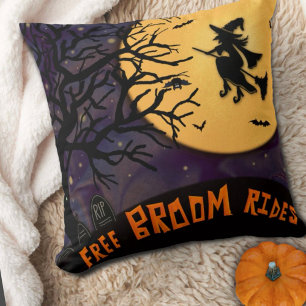 Spooky Witch Halloween Night Free Broom Rides Throw Pillow