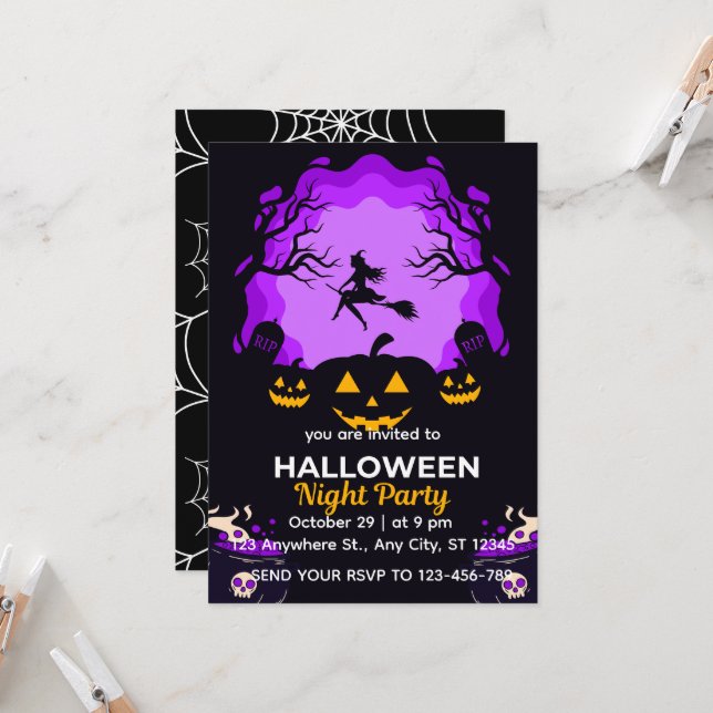 Spooky Witch Halloween Night Party Invitation (Devant/Arrière en situation)