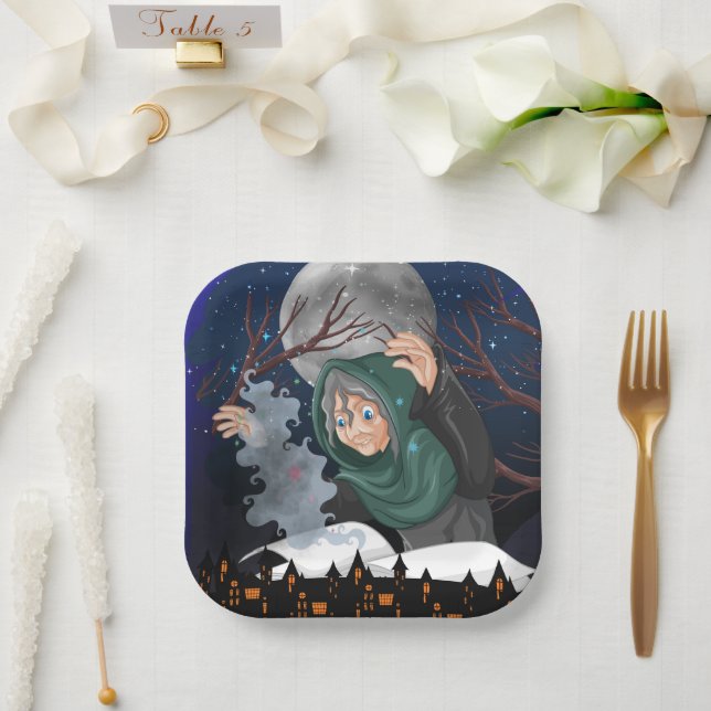  Spooky Witch & Haunted House Halloween🌙 Paper Plate (Wedding)