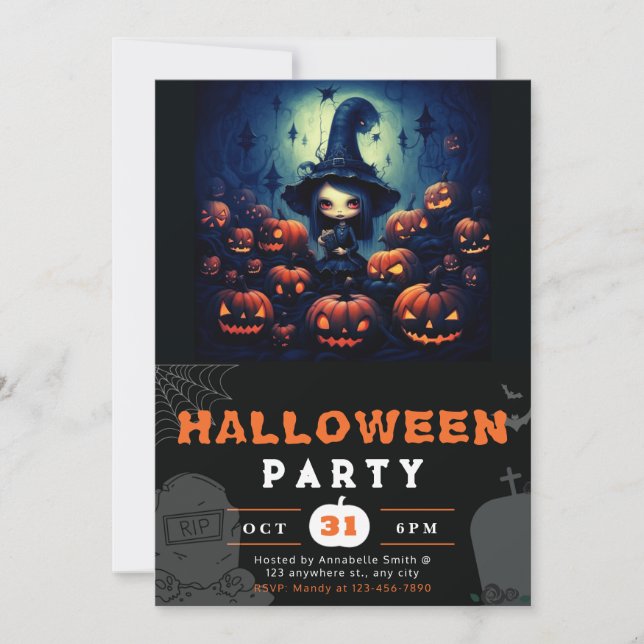 Spooky Witch Jack-O' Lanterns Full Moon Halloween Invitation (Front)
