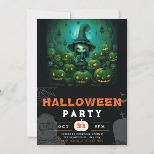 Spooky Witch Jack-O' Lanterns Full Moon Halloween Invitation