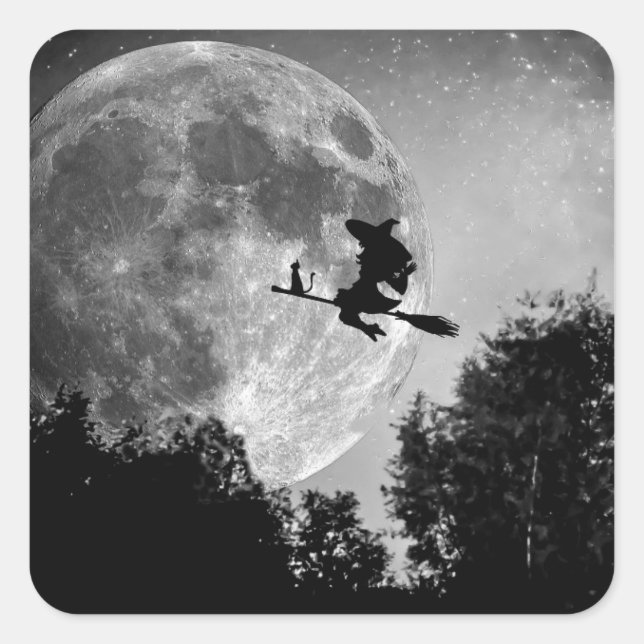 Spooky Witch on Broom Full Moon Halloween Party Square Sticker (Front)