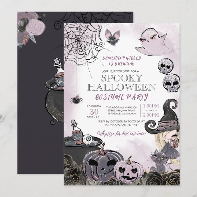 Spooky Witch Purple Black Halloween Costume Party Invitation (Front/Back)