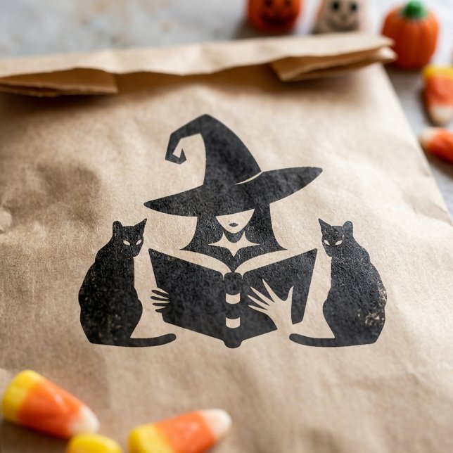 Spooky Witch Reading Book Black Cat Halloween Rubber Stamp (Creator Uploaded)