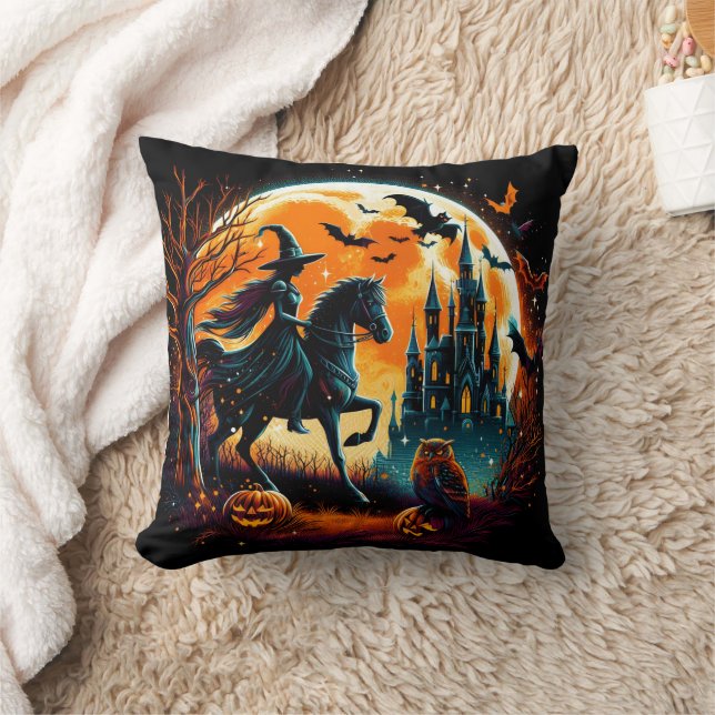 Spooky witch riding a horse under a full moon throw pillow (Blanket)