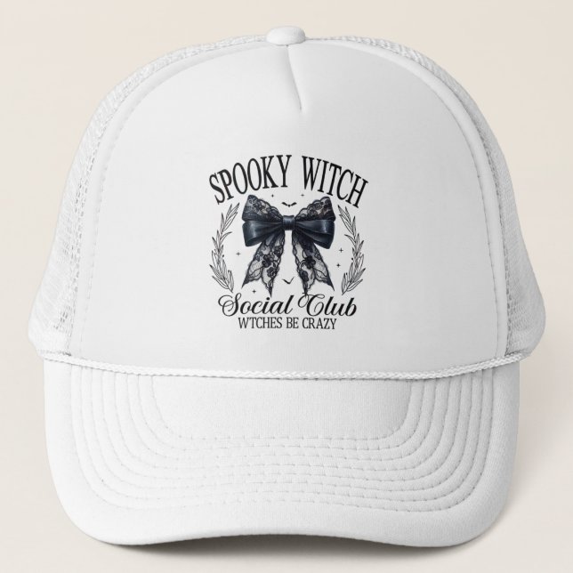 Spooky Witch Social Club Halloween Coquette Bow Trucker Hat (Front)