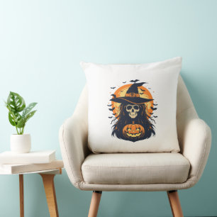 Spooky witch with a pumpkin throw pillow