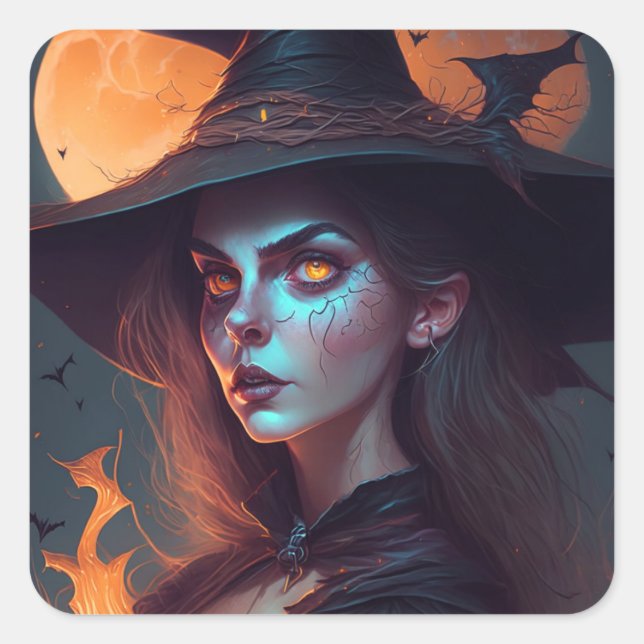 Spooky Witch with Moon Background Halloween Square Sticker (Front)