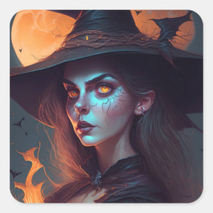 Spooky Witch with Moon Background Halloween Square Sticker
