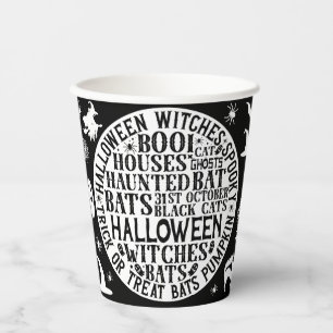 Spooky Word Art Black & White Halloween Paper Cups