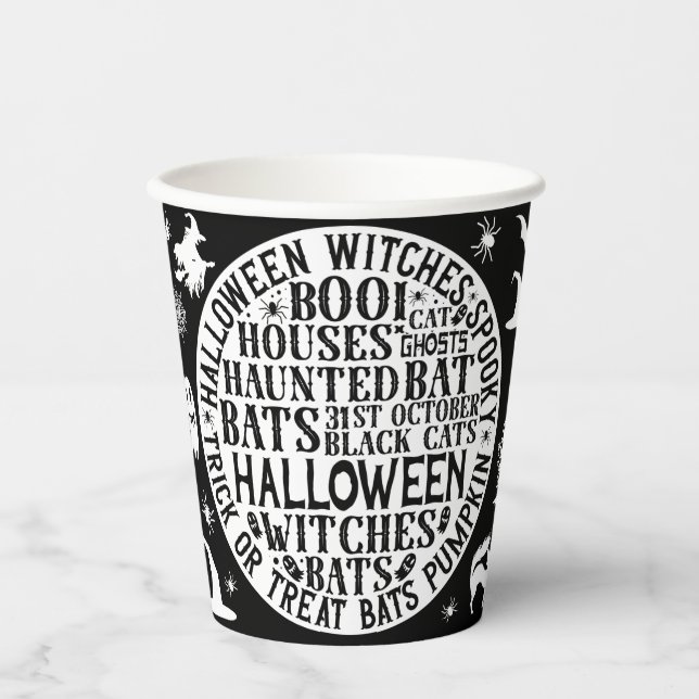 Spooky Word Art Black & White Halloween Paper Cups (Front)