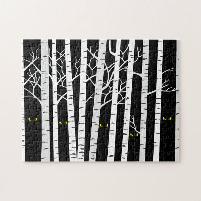 Spooky Yellow Halloween Eyes in Birch Forest Jigsaw Puzzle (Horizontal)