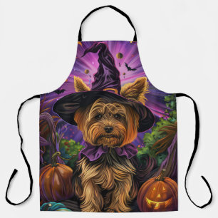 Spooky Yorkipoo Dog Halloween Witch And Pumpkin Apron