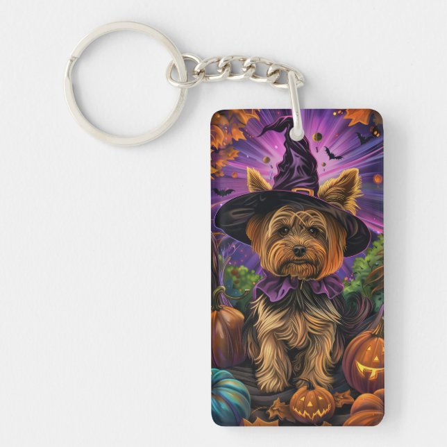Spooky Yorkipoo Dog Halloween Witch And Pumpkin Keychain (Front)