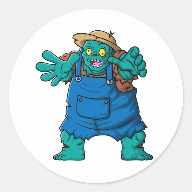 spooky zombie farmer cartoon character classic round sticker (Front)