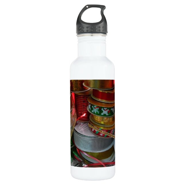 Spools of Christmas Ribbon Holiday Red and Gold 710 Ml Water Bottle (Front)