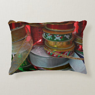 Spools of Christmas Ribbon Holiday Red and Gold Accent Pillow