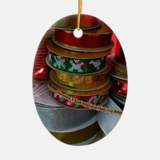 Spools of Christmas Ribbon Holiday Red and Gold Ceramic Ornament (Front)