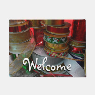 Spools of Christmas Ribbon Holiday Red and Gold Doormat