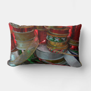 Spools of Christmas Ribbon Holiday Red and Gold Lumbar Pillow