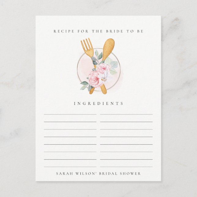 Spoon Fork Floral Recipe Request Bridal Shower Postcard (Front)
