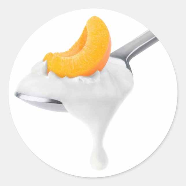 Spoon of peach or apricot yogurt classic round sticker (Front)