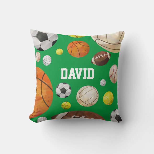 Sport Balls Baby Boy Name Green Personalized Throw Pillow (Front)