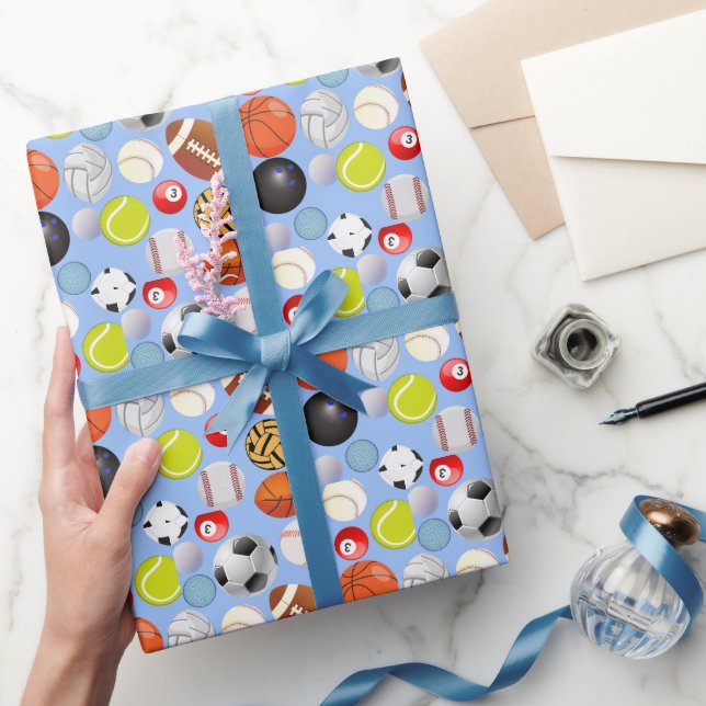 Sport Balls Pattern Lblue BG Wrapping Paper (Gifting)