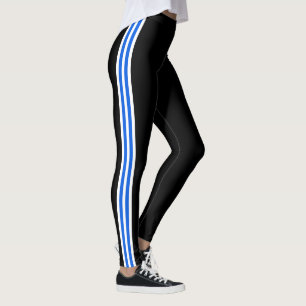 Sport Blue White Side Stripe Black Leggings