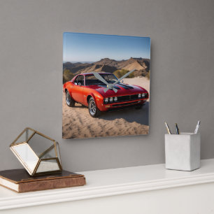sport car in desert square wall clock