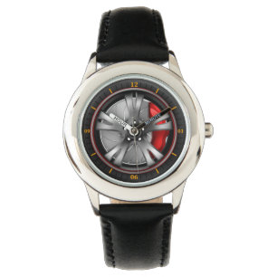 Sport car wheel with red brake gear watch