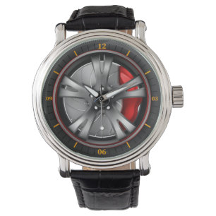 Sport car wheel with red brake gear watch