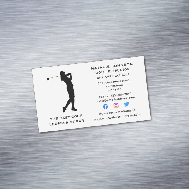 Sport Coach Female Golf Instructor Social Media Magnetic Business Card (In Situ)