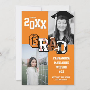 Sport Graduation Soccer Basketball Football Orange Invitation