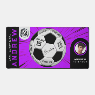 Sport Lover Gift | Purple Custom Text Photo Soccer Desk Mat