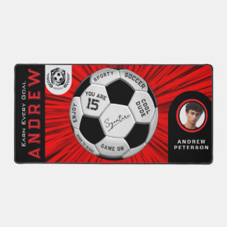 Sport Lover Gift | Red Custom Text Photo Soccer Desk Mat