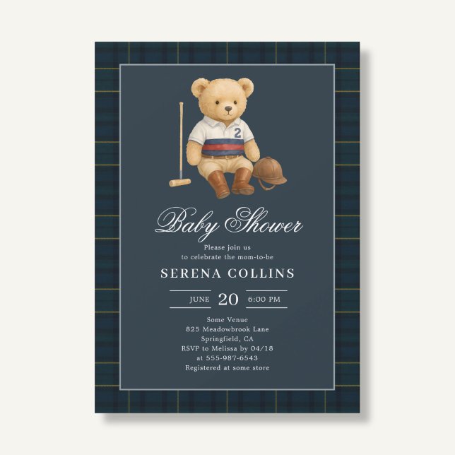 Sport Preppy Bear Blue Baby Shower Invitation (Creator Uploaded)