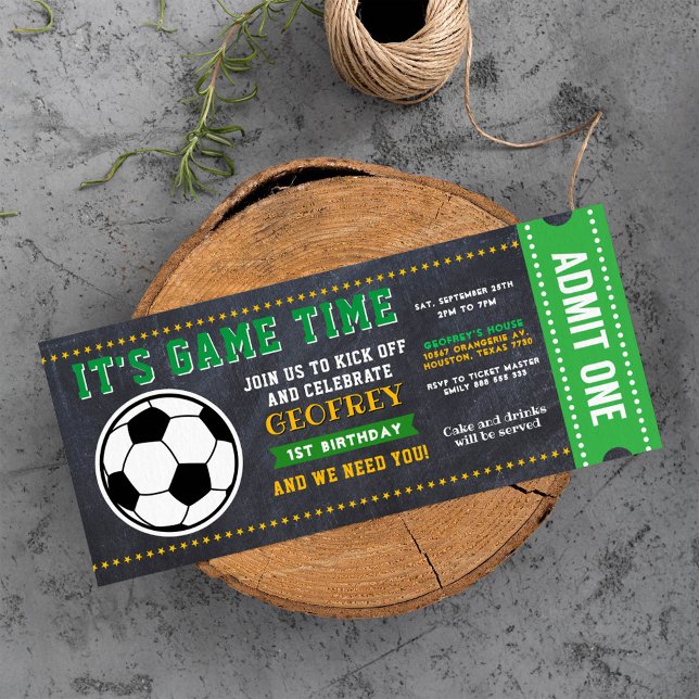 Sport Soccer Chalkboard Ticket Pass Birthday Invitation (Creator Uploaded)