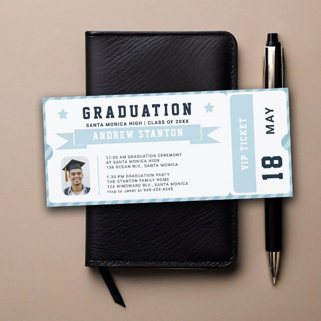 Sport Ticket Navy Blue Photo Graduation Invitation (graduation invitation high school senior boy sports themed blue navy white ticket)