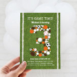 Sports 3rd Birthday Party Invitation<br><div class="desc">Kids Sports 3rd Birthday Party Invitation for your little all star! Number 3 is made of footballs, soccer balls, basketballs and golf balls on a green grass background. Design continues on the back resembling a jersey with name and birthday age. Your friends and family will definitely have a ball at...</div>