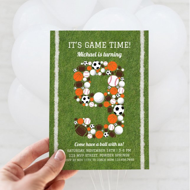 Sports 9th Birthday Party Invitation (Sports 9th Birthday Invitation)