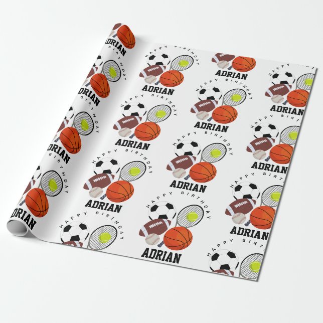 Sports Athletic Balls Personalized Name Birthday Wrapping Paper (Unrolled)