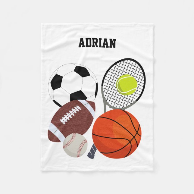Sports Athletic Balls Personalized Name Fleece Blanket (Front)