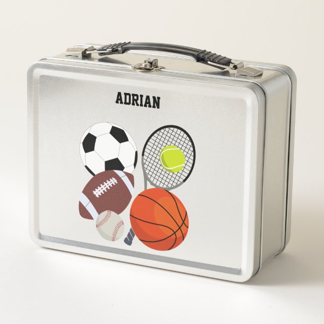 Sports Athletic Balls Personalized Name School Metal Lunch Box (Front)