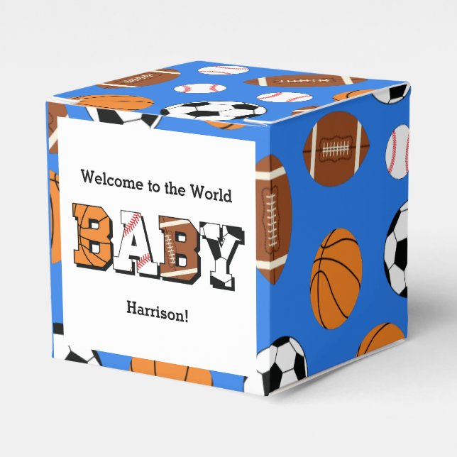 Sports Baby Shower Co-ed Theme Boy Blue Favor Box (Front Side)