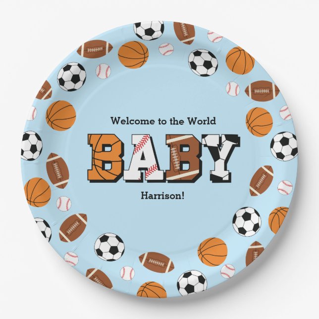 Sports Baby Shower Co-ed Theme Boy Blue Paper Plate (Front)