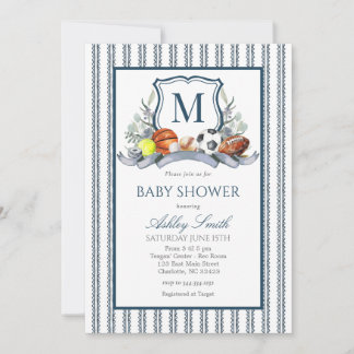 Sports Baby Shower, Preppy Sports Crest Invite