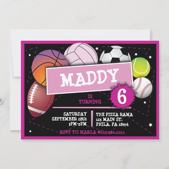 SPORTS BALLES FILLES Invitation fête d'anniversair (Devant)