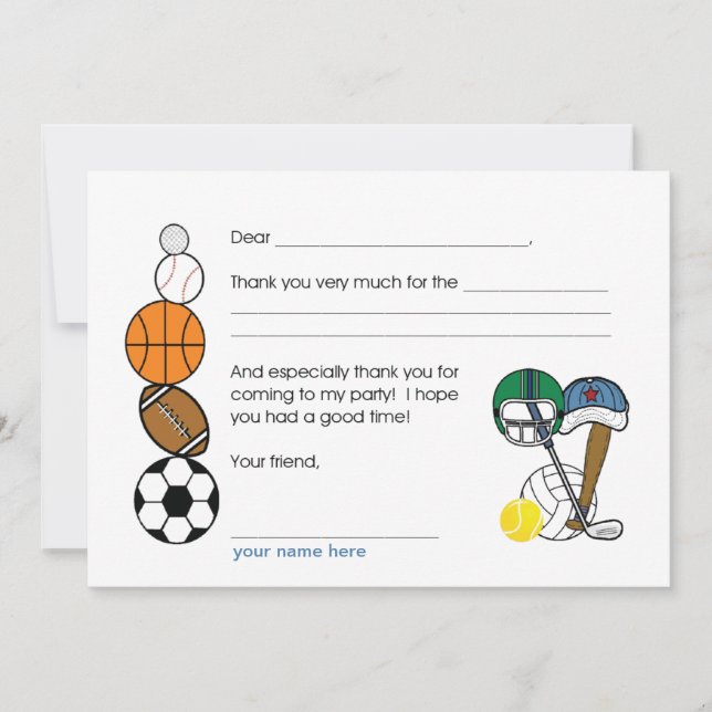 Sports Balls Birthday Party Thank you note Card (Front)