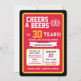 Sports Bar Birthday Cheers and Beers to 30 Years Invitation